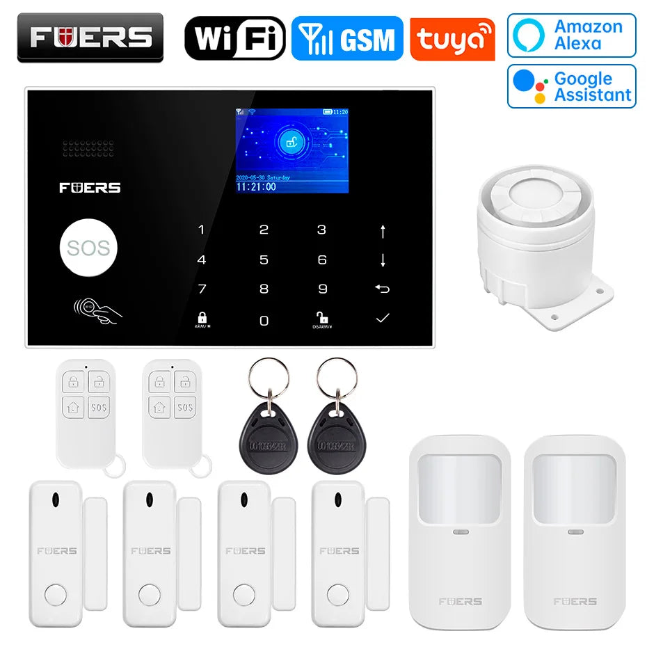 FUERS WIFI GSM Alarm System Wireless Home Burglar Security Alarm System Tuya APP Control Siren Motion Detector PIR Smoke Sensor