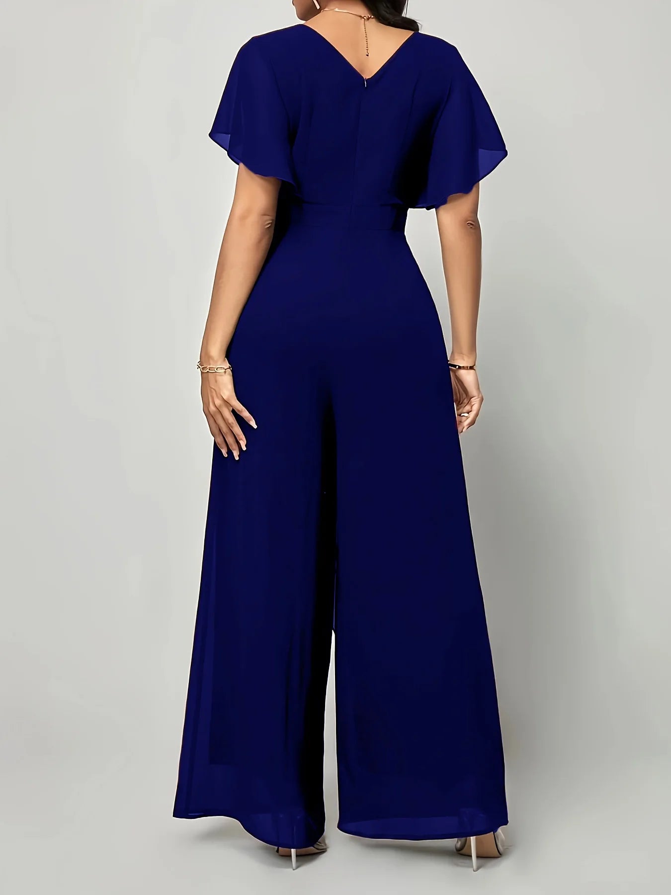 Women's New Solid V Neck Flutter Sleeve Tie Waist Split Wide Leg Jumpsuit Elegant Slimming Versatile Party Daily Casual Jumpsuit