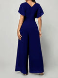 Women's New Solid V Neck Flutter Sleeve Tie Waist Split Wide Leg Jumpsuit Elegant Slimming Versatile Party Daily Casual Jumpsuit