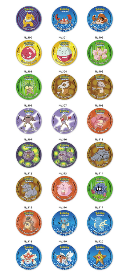Caja de 100/160 tazos de Pokémon de 1.ª y 2.ª generación, colección de cartas redondas y cuadradas 3D, álbum de entrenadores, Pogs, Cheetos, Chipitaps
