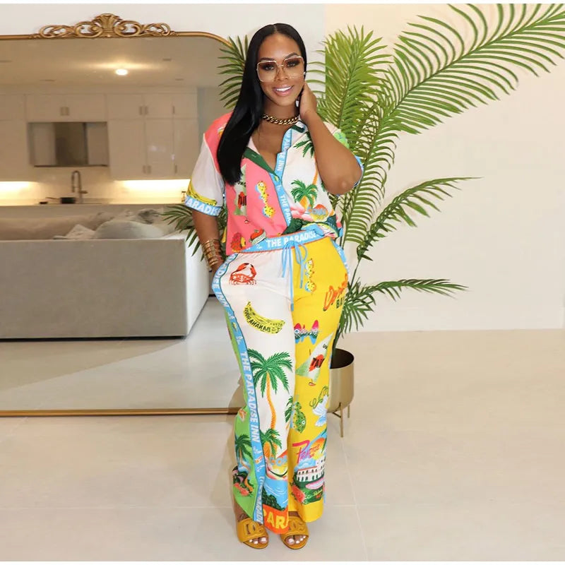 Printed Color Blocked Pant Set for Women, Single Breasted Short Sleeved Shirt and Wide Leg Pants, 2 Piece Set, Lady Casual Suit