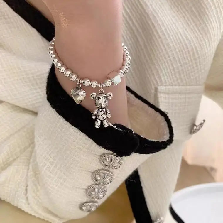 New Stainless Steel Bracelets for Women Fashion Beaded Accessories Simple Heart Bear Pendant Bracelet Trend Party Jewelry