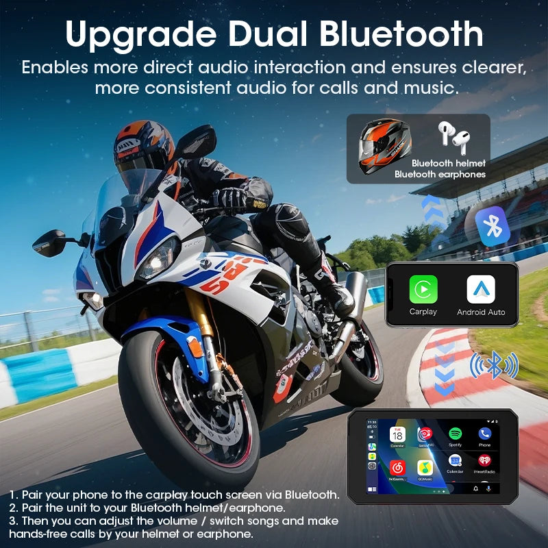 5" Portable Motorcycle Navigation GPS Wireless Carplay&Android Auto Moto Monitor IPX7 Waterproof Display Dual Bluetooth 5.0