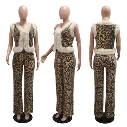 CM.YAYA Conjunto de mujer sin mangas de piel de leopardo con lentejuelas, cuello en V, chaleco de lana y pantalón, conjunto de 2 piezas Street Two 2024, chándal