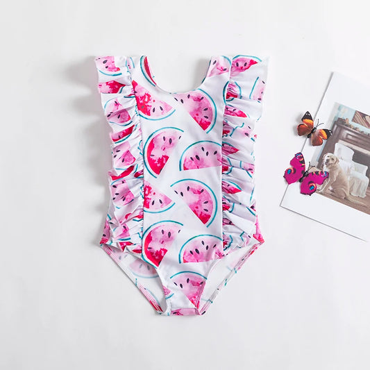 One Piece Girl Swimsuits 1 2 3 4 5 Year Baby Printed Swimwear Summer Beach Bathing Bikini Clothes Kids Bow Seaside Swimming Wear