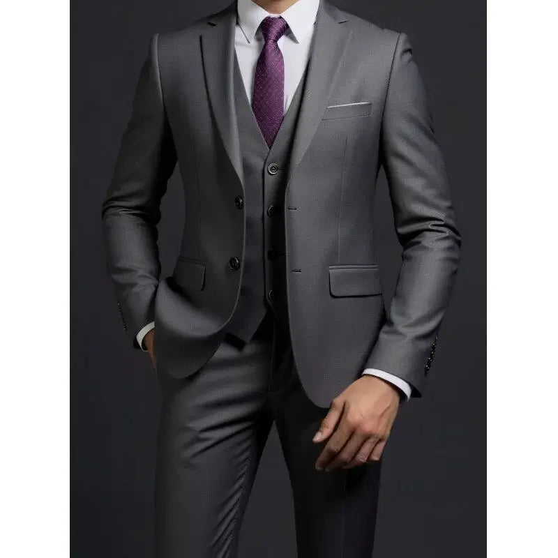 Men's Fashionable Gentleman Business British Style Solid Color Banquet Host Casual Wedding Suit (Blazer + Vest + Trousers)