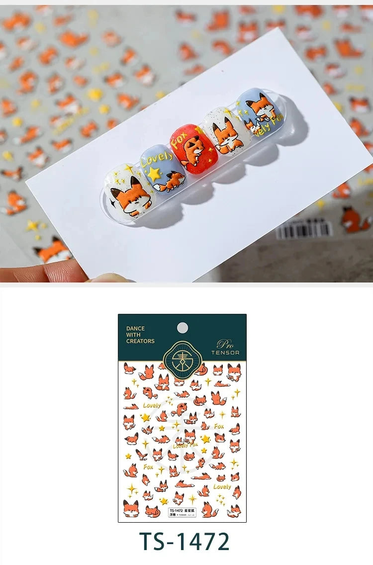 Lovely Red Fox Cartoon 5D Soft Reliefs Self Adhesive Nail Art Stickers Cute 3D Nail Decoration Decals Wholesale Dropshipping