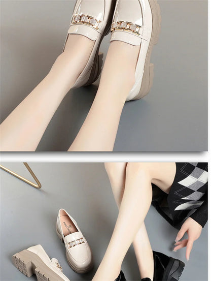 5.5cm British Style Thick Bottom Patent Leather Loafers Women's Platform Shoes 2024 Spring Shallow Block Heels Shoes Office