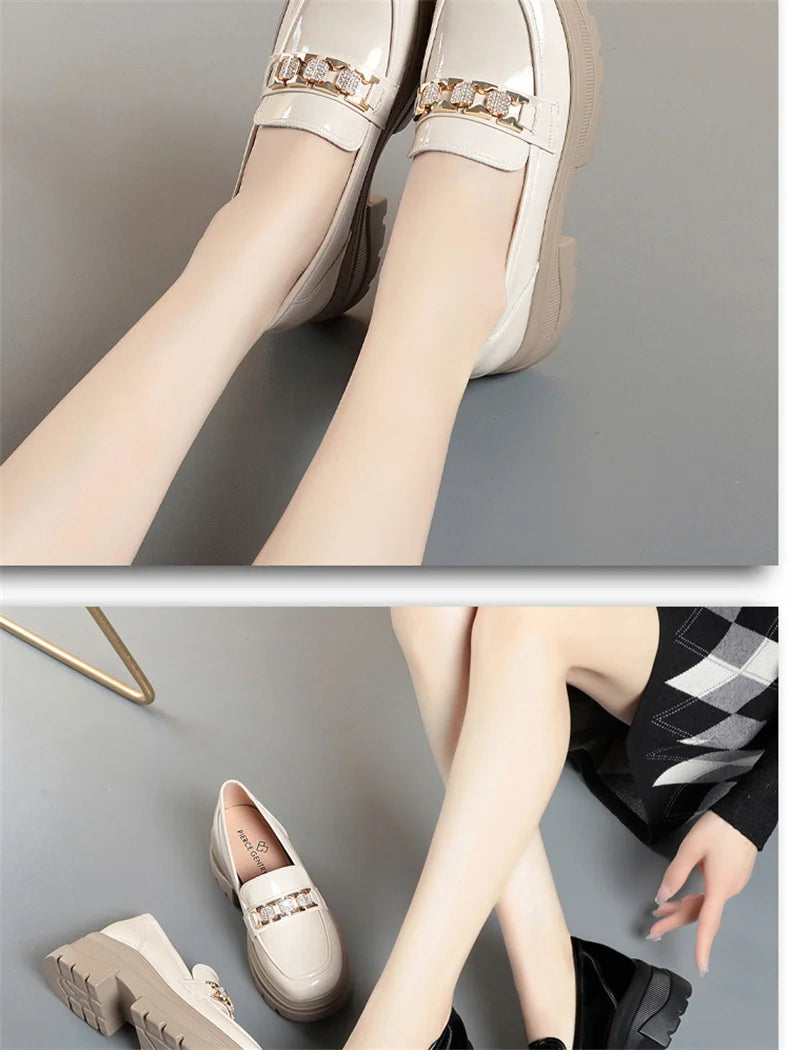 5.5cm British Style Thick Bottom Patent Leather Loafers Women's Platform Shoes 2024 Spring Shallow Block Heels Shoes Office