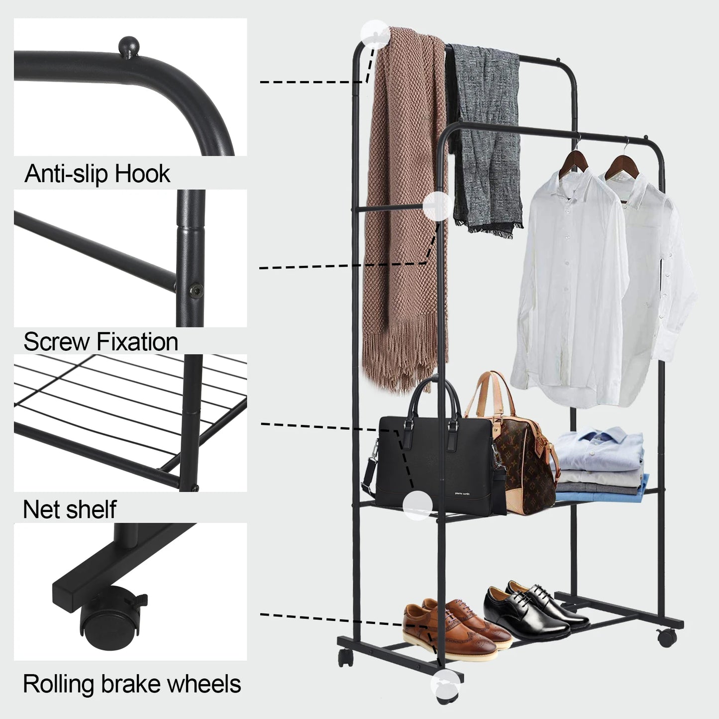 Rolling Clothes Rail Rack Garment Cloth Hanging Rack with 2 Tier Storage Shelves