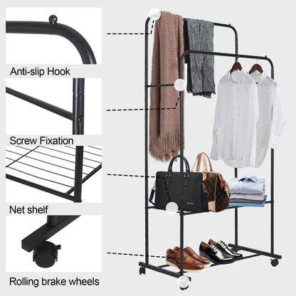 Rolling Clothes Rail Rack Garment Cloth Hanging Rack with 2 Tier Storage Shelves