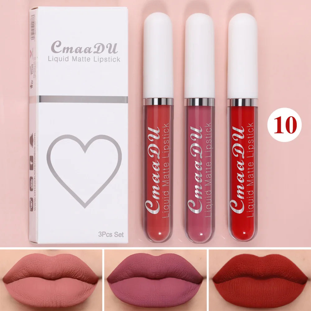 Juego de 3 brillos labiales de terciopelo mate, resistentes al agua, de larga duración, líquidos, cosméticos, maquillaje que dura 24 horas.