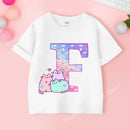 Pusheens-manga curta t-shirt para as meninas de a a z, anime gato, roupas de verão, esporte ao ar livre, novo, presente para as crianças, venda especial