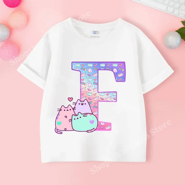 Pusheens-manga curta t-shirt para as meninas de a a z, anime gato, roupas de verão, esporte ao ar livre, novo, presente para as crianças, venda especial