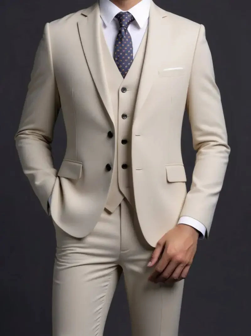 Men's Fashionable Gentleman Business British Style Solid Color Banquet Host Casual Wedding Suit (Blazer + Vest + Trousers)