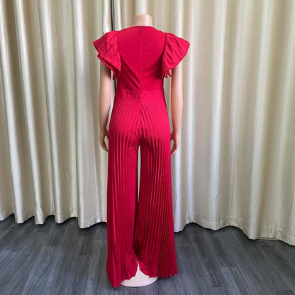 Elegant Pleated Jumpsuits & Rompers for Women V Neck Ruffles High Waisted Loose Floor Length Luxury Female Birthday Party Romper