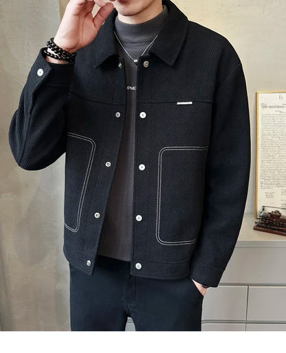 Gabardina de mezcla de lana para hombre, chaqueta corta ajustada, abrigos informales, ropa de calle coreana de color sólido, cortavientos, prendas de vestir exteriores, invierno, 2024
