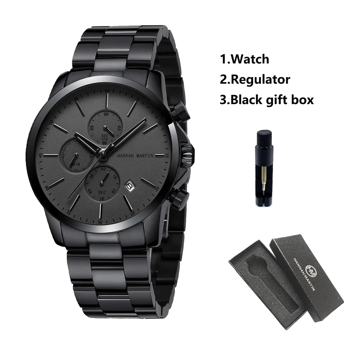 HANNAH MARTIN Brand Men Watch Black Stainless Steel Waterproof Fashion Sports Multifunctional Quartz Wristatch Relogio Masculino