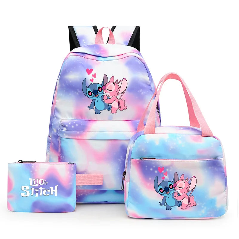 3pcs Disney Lilo Stitch Colorful Backpack with Lunch Bag for Women Student Teenagers Rucksack Casual School Bags Sets
