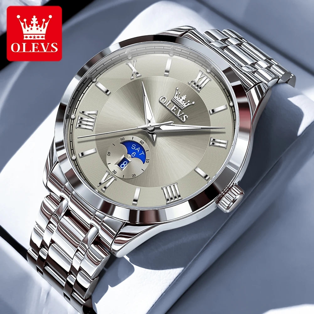 OLEVS 3638 Mens Watch Original Quartz Watch Stainless Steel Waterproof Luminous Large Dial Day Date Watches Luxury Men Box Reloj