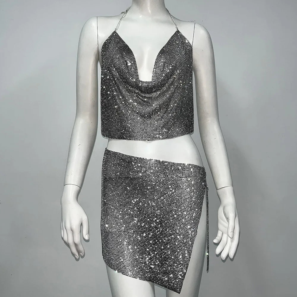 Sexy Women Rhinestone Sleeveless Halter Neck Crop Top Skirts 2 Piece Matching Set Summer Fashion Streetwear Beach Rave Clothing
