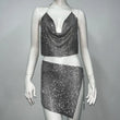 Sexy Women Rhinestone Sleeveless Halter Neck Crop Top Skirts 2 Piece Matching Set Summer Fashion Streetwear Beach Rave Clothing
