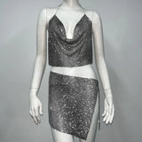 Sexy Women Rhinestone Sleeveless Halter Neck Crop Top Skirts 2 Piece Matching Set Summer Fashion Streetwear Beach Rave Clothing