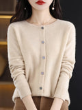 Long Sleeve 100% Merino Wool Sweaters Cashmere Cardigan Spring Autumn Women O-Neck Knitwear Tops Clothing Fashion Basic Tops