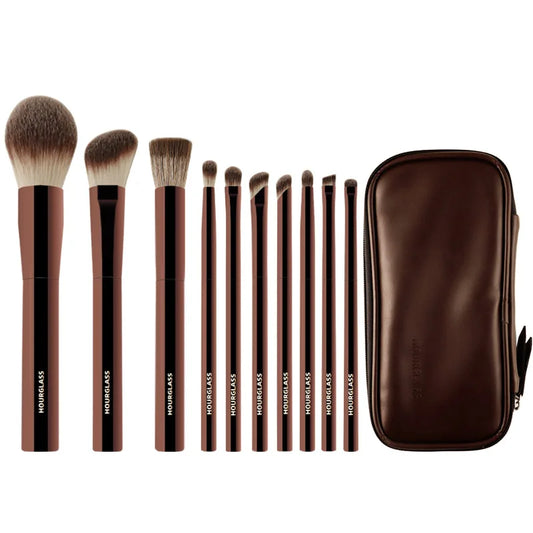Juego de 10 pinceles de maquillaje con forma de reloj de arena, para sombras de ojos en polvo, con pliegues abovedados, pinceles de maquillaje para punteado, sombras en ángulo y cejas, con bolsa de cosméticos.