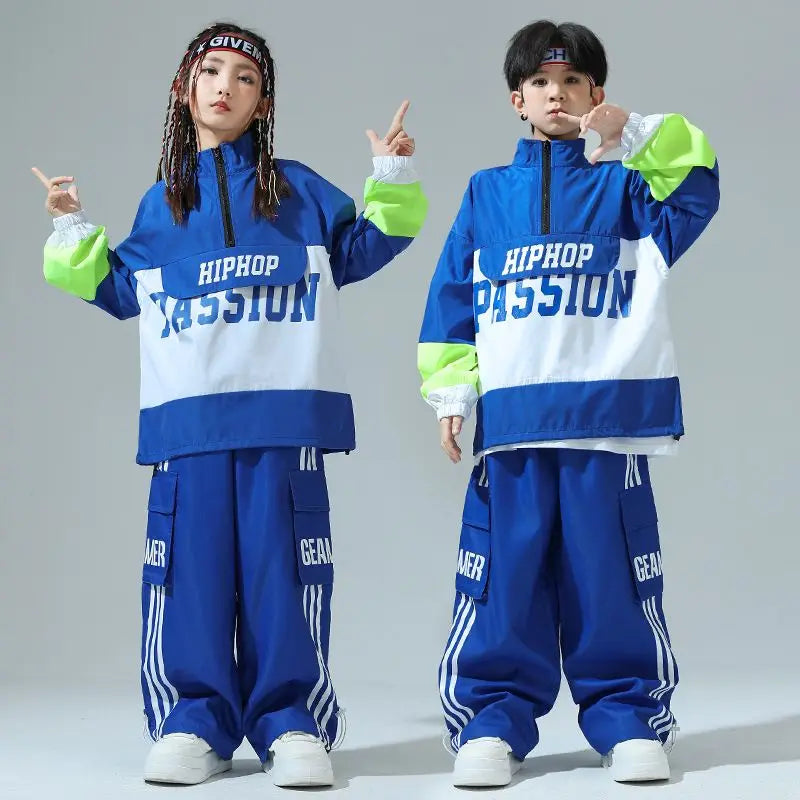 Boys Hip Hop Pullover Street Dance Cargo Pants Girls High Collar Sweatshirt Outfits Kids Jazz Sport Clothes Set Child Streetwear