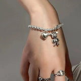 New Stainless Steel Bracelets for Women Fashion Beaded Accessories Simple Heart Bear Pendant Bracelet Trend Party Jewelry