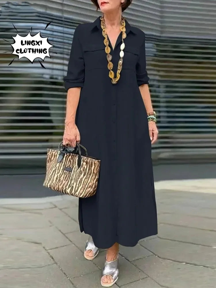 2024 primavera/verão moda feminina novo elegante plus size manga comprida botão elegante vestido de algodão linho único breasted robe