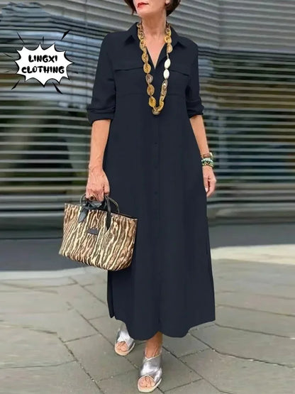 2024 primavera/verão moda feminina novo elegante plus size manga comprida botão elegante vestido de algodão linho único breasted robe