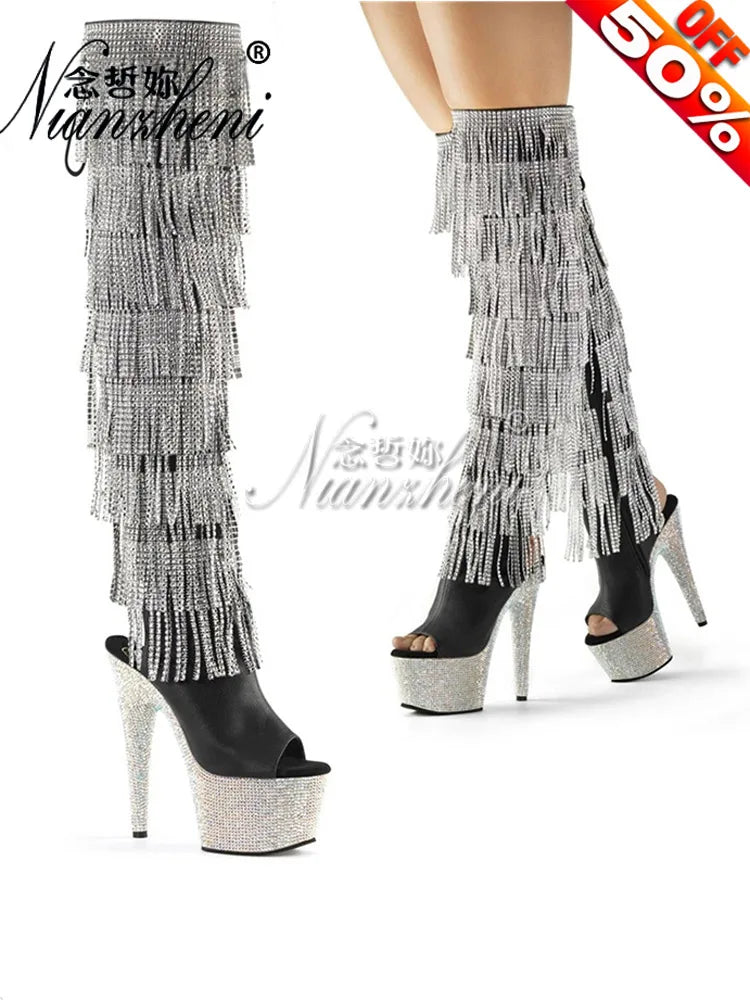 Tacones góticos exóticos, botas de plataforma de 17cm con flecos para fiesta, zapatos fetiche sexis para mujer, modelos góticos de baile en barra, diamantes de imitación para club nocturno
