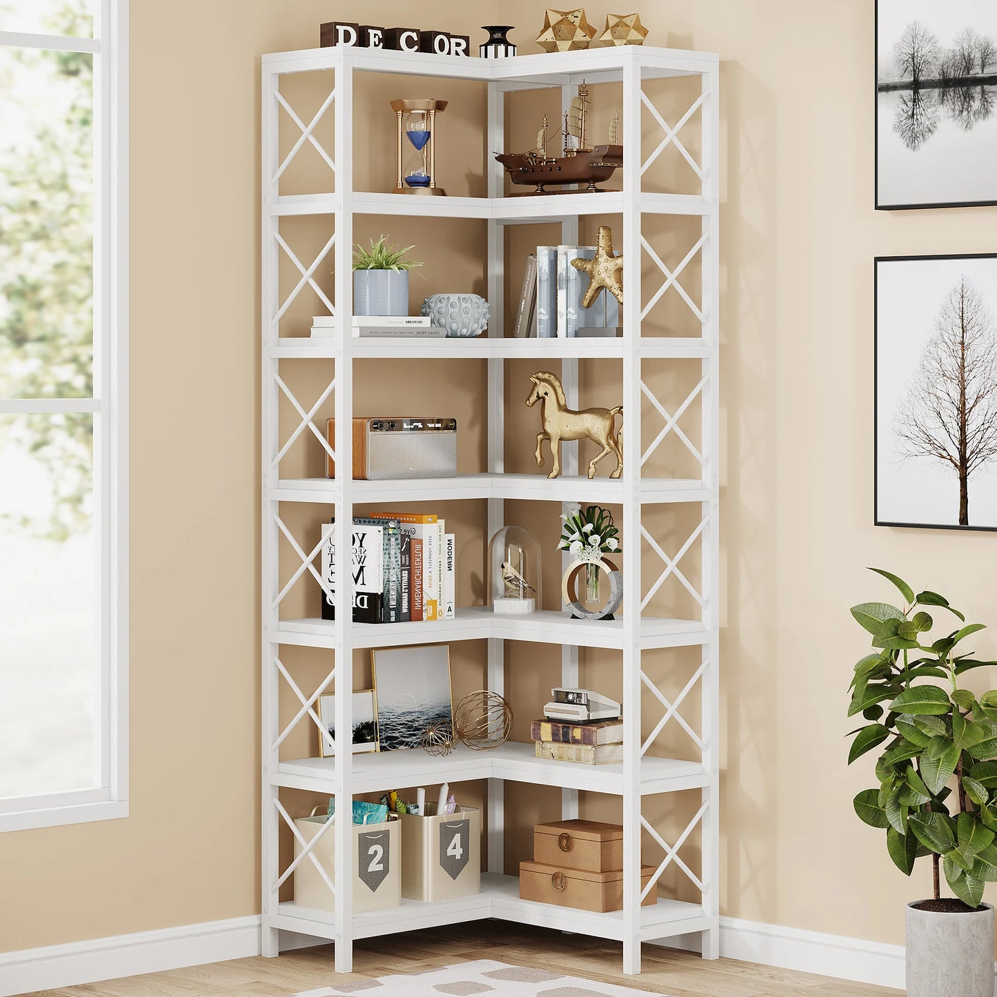 Tribesigns 7-Shelf Corner Bookshelf,Large Modern Corner Bookcase, 7-Tier Tall Corner Shelf Storage Display Rack with Metal Frame