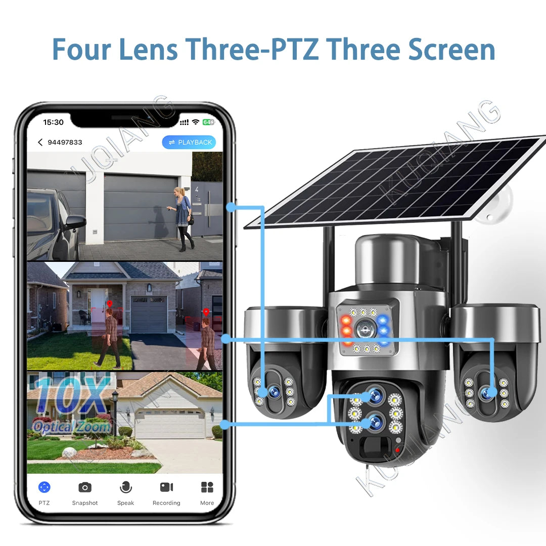 20MP 4G Sim Solar Camera WiFi 10X Optical Zoom 3-PTZ 4-Lens 3-Screens Outdoor Wireless Security Cameras Auto Tracking CCTV V380