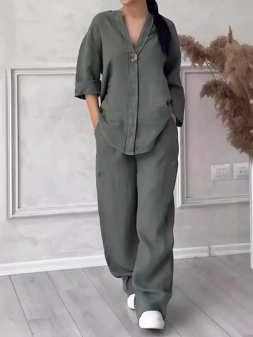 Cotton Linen Sets Two 2 Pieces Sale Casual Long Sleeve Button Loose Blouse Shirt & High Elastic Wide Leg Loose Pant Suits NMD-3021