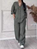 Cotton Linen Sets Two 2 Pieces Sale Casual Long Sleeve Button Loose Blouse Shirt & High Elastic Wide Leg Loose Pant Suits NMD-3021