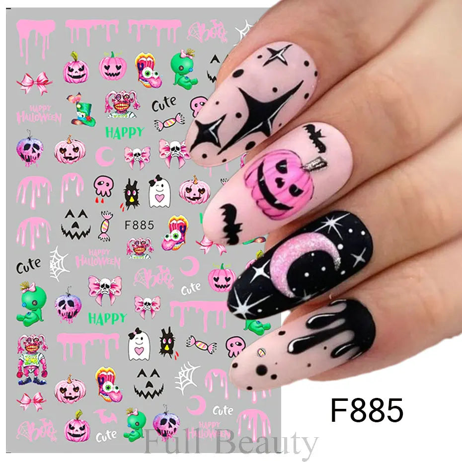 Cinturón negro 5D pegatinas en relieve gótico Halloween estilete calabaza calavera telaraña cremallera manicura uñas gel autoadhesivo decoración
