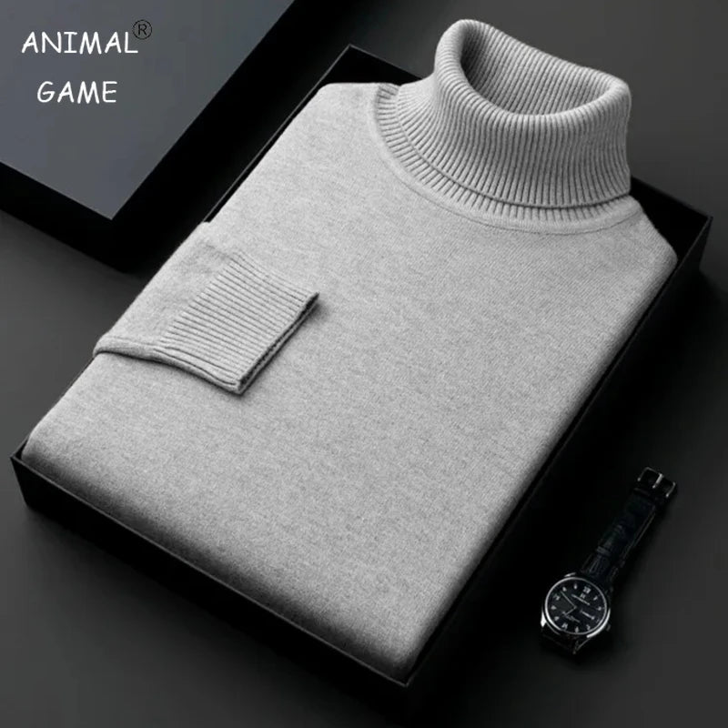 Suéter de cuello alto de punto de alta calidad para hombre, antibolitas, ajustado, de manga larga, color liso, tendencia