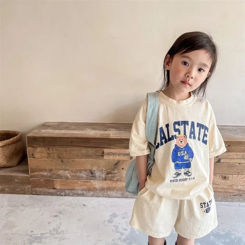 2pcs Summer Baby Clothes Set Children Boy Girl Cartoon Bear T-shirts and Shorts Suit Kid Casual Top Bottom Outfits Tracksuits
