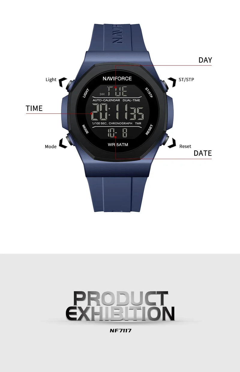 NAVIFORCE NF7117 Sports Watch for Men 5ATM Waterproof Multifunction Electronic Watch Men's LCD Digital Wristwatch