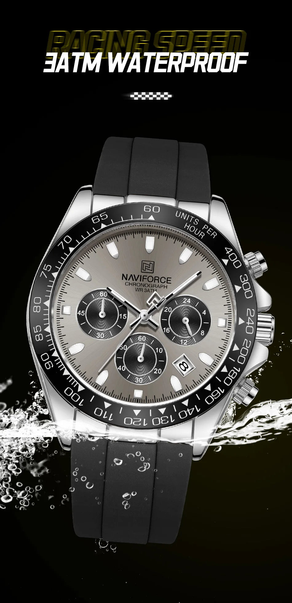 NAVIFORCE Reloj de lujo para hombre, deportivo, resistente al agua, de cuarzo, con correa de silicona, cronógrafo, luminoso, de pulsera, masculino