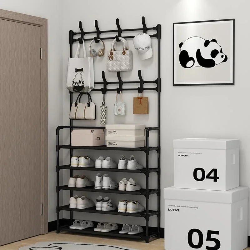 Zapatero de múltiples capas para el hogar, perchero integrado para abrigos y sombreros, puerta para zapatos, estante multifuncional simple