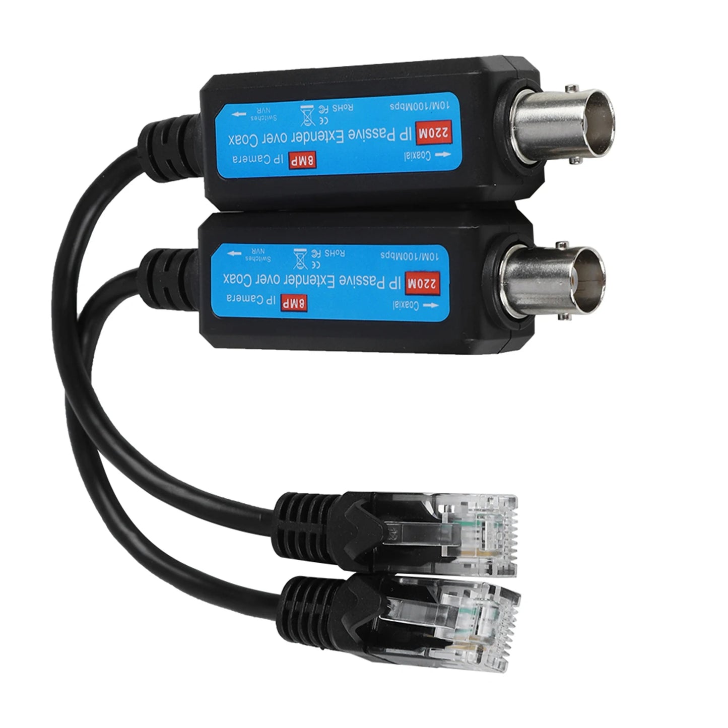 1 par de extensores de transmisor y receptor coaxial de red IP pasiva de 1 canal y 10/100 Mbps para cámaras NVR IP.