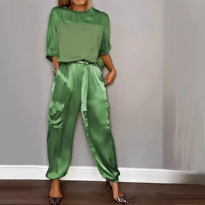 Casual Satin Shirt Pant Sets Women Fashion Pure Color Pocket Pant 2 Piece Sets Women Outfit Summer Loose Shirts Suit Ladies