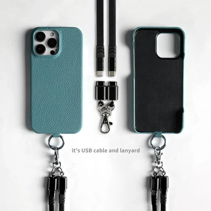 Funda de piel auténtica personalizable con cordón de carga para iPhone 16 Pro Max, 15, 14, 13, 12 y 11, con funda magnética.
