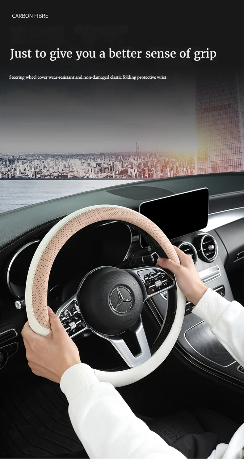 Perforated Nappa Leather Car Steering Wheel Cover Warm in Winter and Cool in Summer, Universal 15 Inch,  Anti-Slip, Odorless