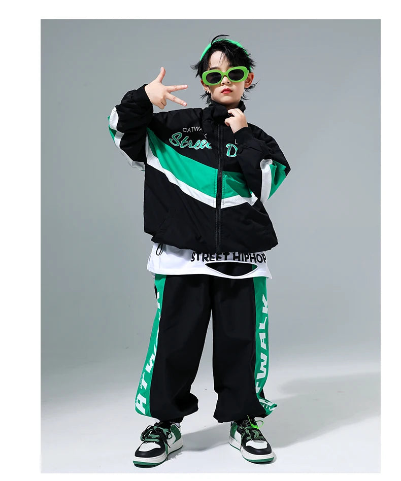 Hip Hop Girls Contrast Bomber Jacket Sport Pants Boys Street Dance Coat Streetwear Kids Jazz Clothes Set Children School Uniform