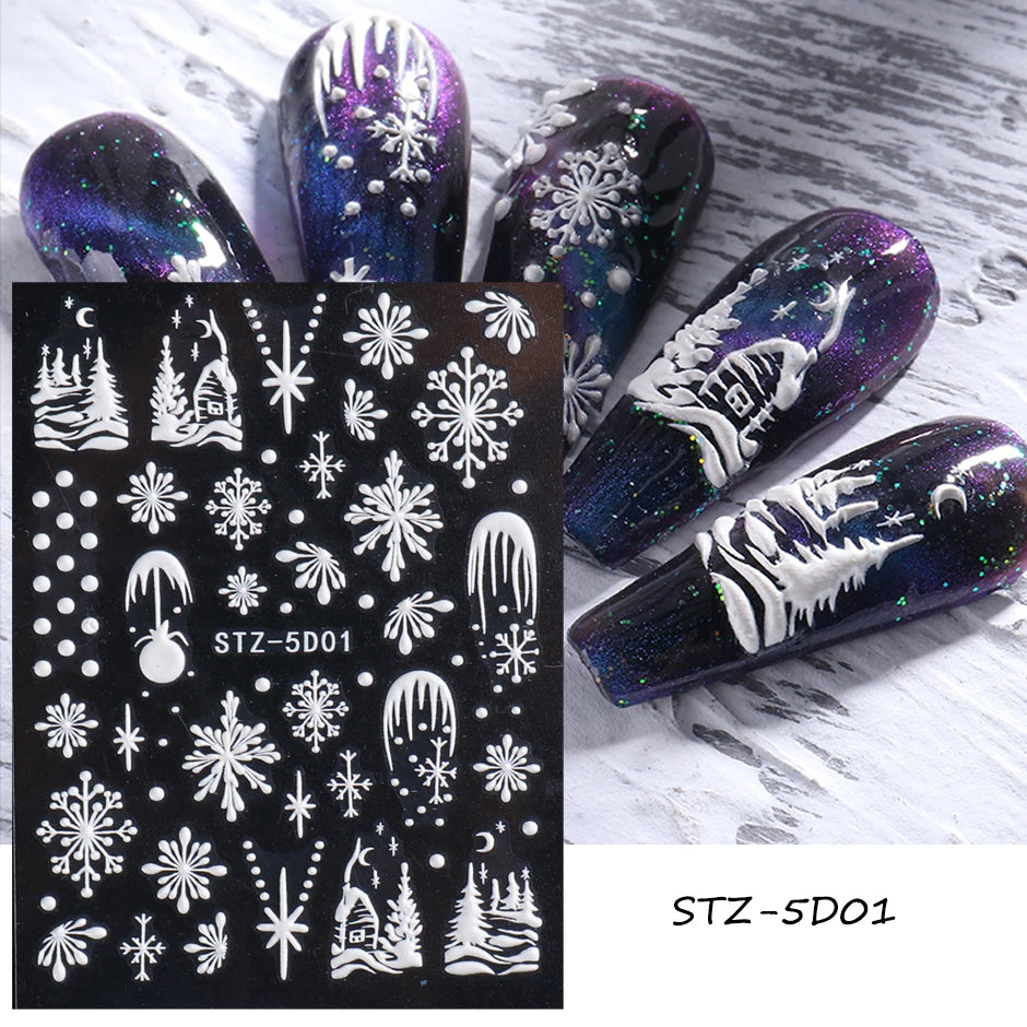 5D Red Christmas Nail Stickers Glitter Embossed Snowflake Gloves Feather Bulb Bells Winter Xmas DIY Engraved Manicure Decoration